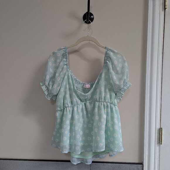 Pink Lily Tops - Pink Lily Daisy Rouched Blouse - Mint, XL